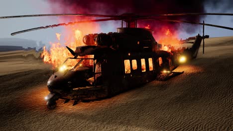 Verbrannter-Militärhubschrauber-In-Der-Wüste-Bei-Sonnenuntergang